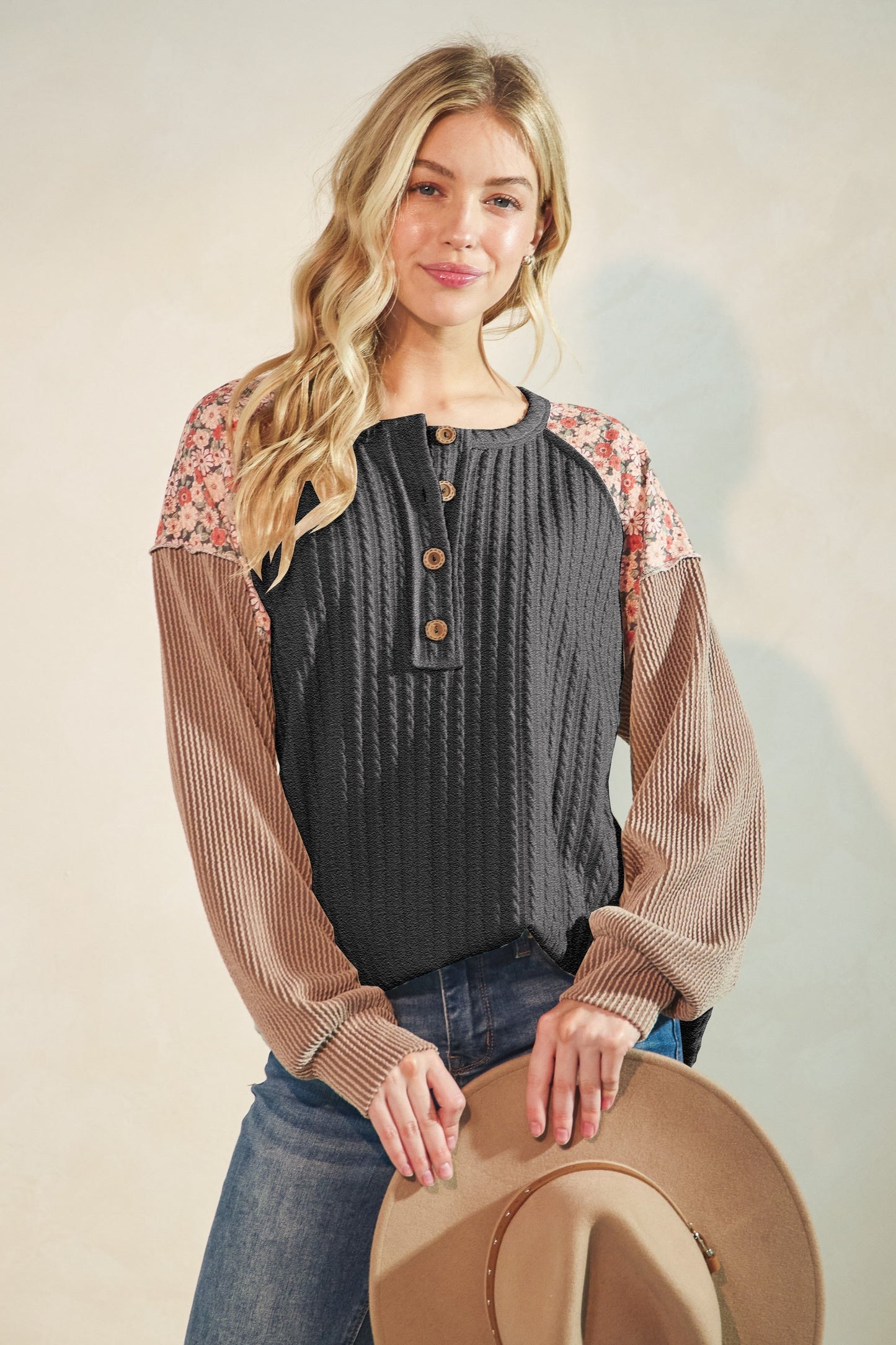 Long Sleeve Solid And Floral Contrast Top