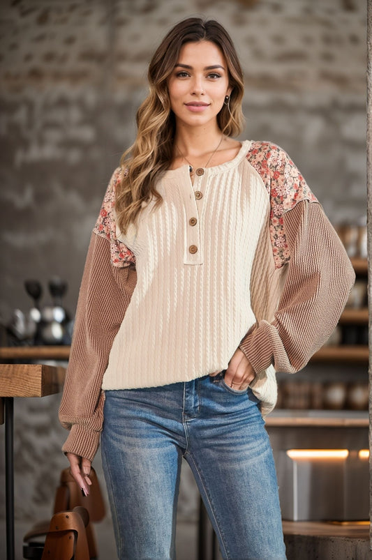 Long Sleeve Solid And Floral Contrast Top
