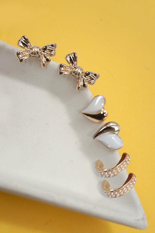 Pearl Huggie Hoop Bow Hearat Trio Earrings