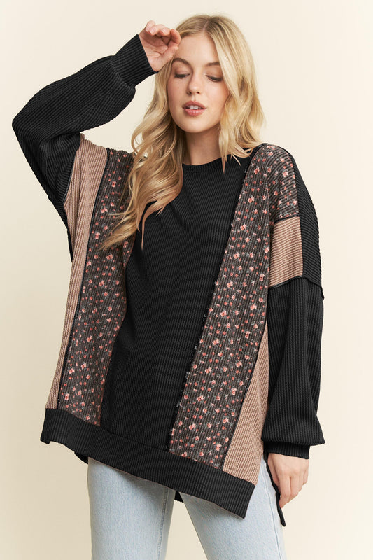 Long Sleeve Solid And Floral Urban Rib Top