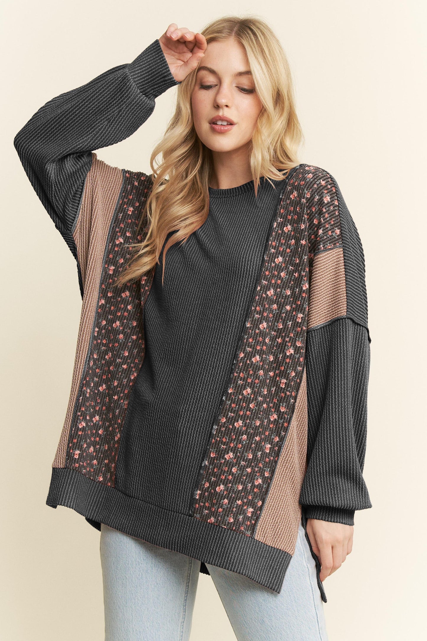 Long Sleeve Solid And Floral Urban Rib Top