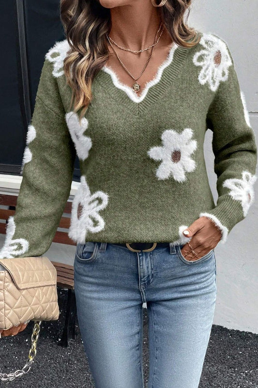 V Neck Flower Jacquard Knit Sweater