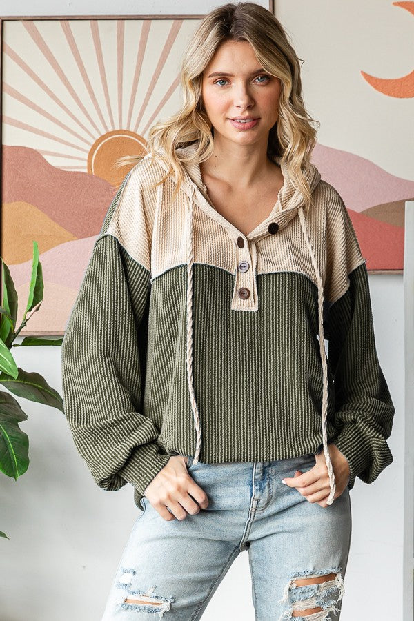 Ribbed Contrast Button Front Hoodie