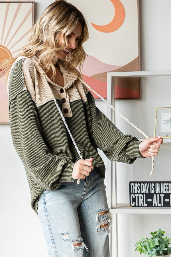 Ribbed Contrast Button Front Hoodie