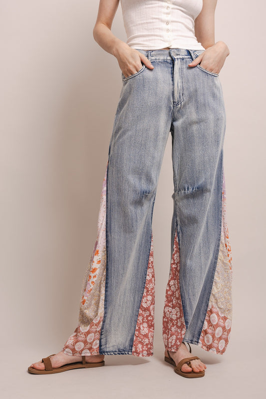 Side Patched Curved Wide Leg Denim Pants