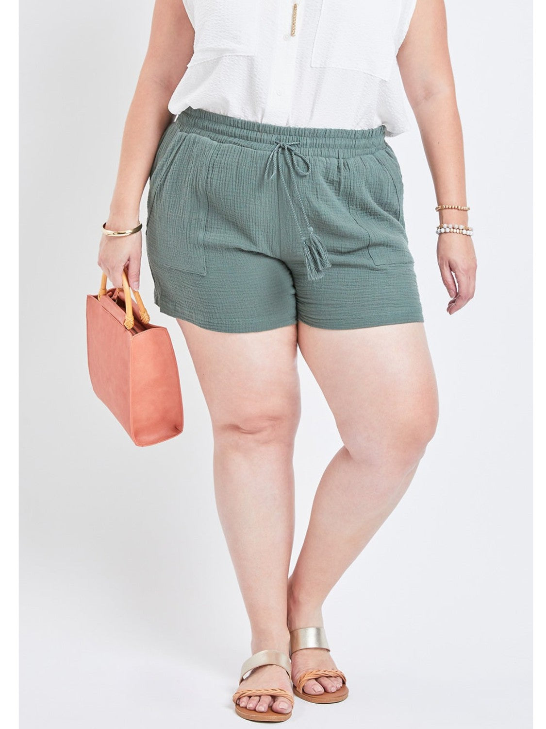 Plus Size Double Gauze Shorts With Pockets And Tassel Drawstring