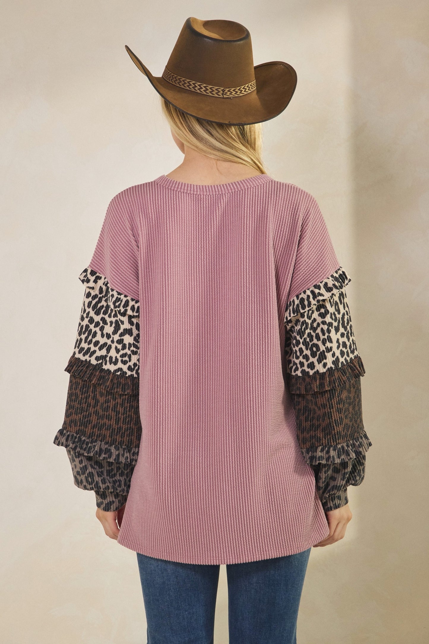 Layered Ruffle Mixed Animal Sleeeve Top
