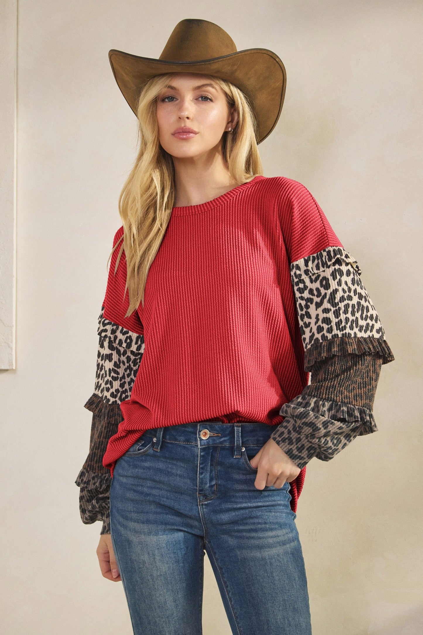 Layered Ruffle Mixed Animal Sleeeve Top