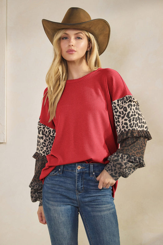 Layered Ruffle Mixed Animal Sleeeve Top