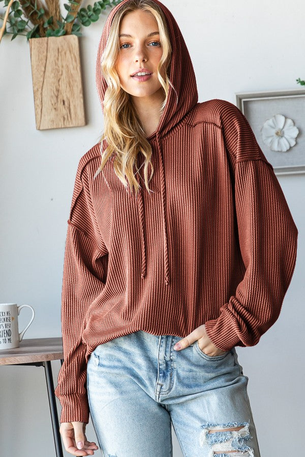 Long Sleeve Solid Urban Ribbed Hoodie Top