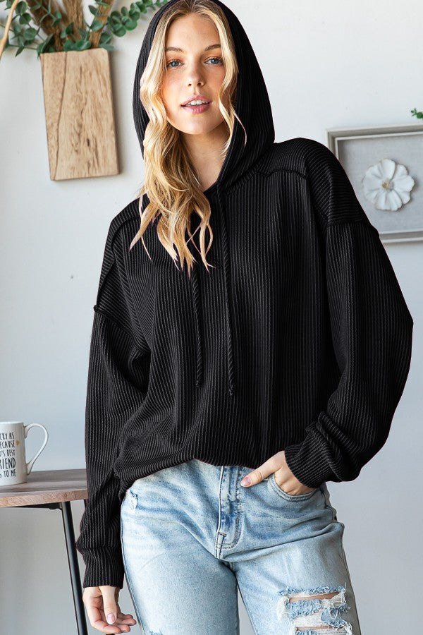 Long Sleeve Solid Urban Ribbed Hoodie Top