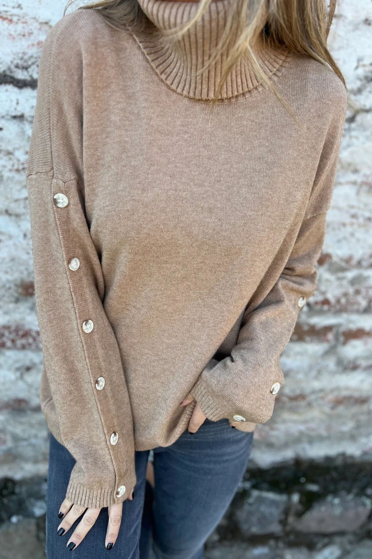 High Necked Button Detail Knit Sweater