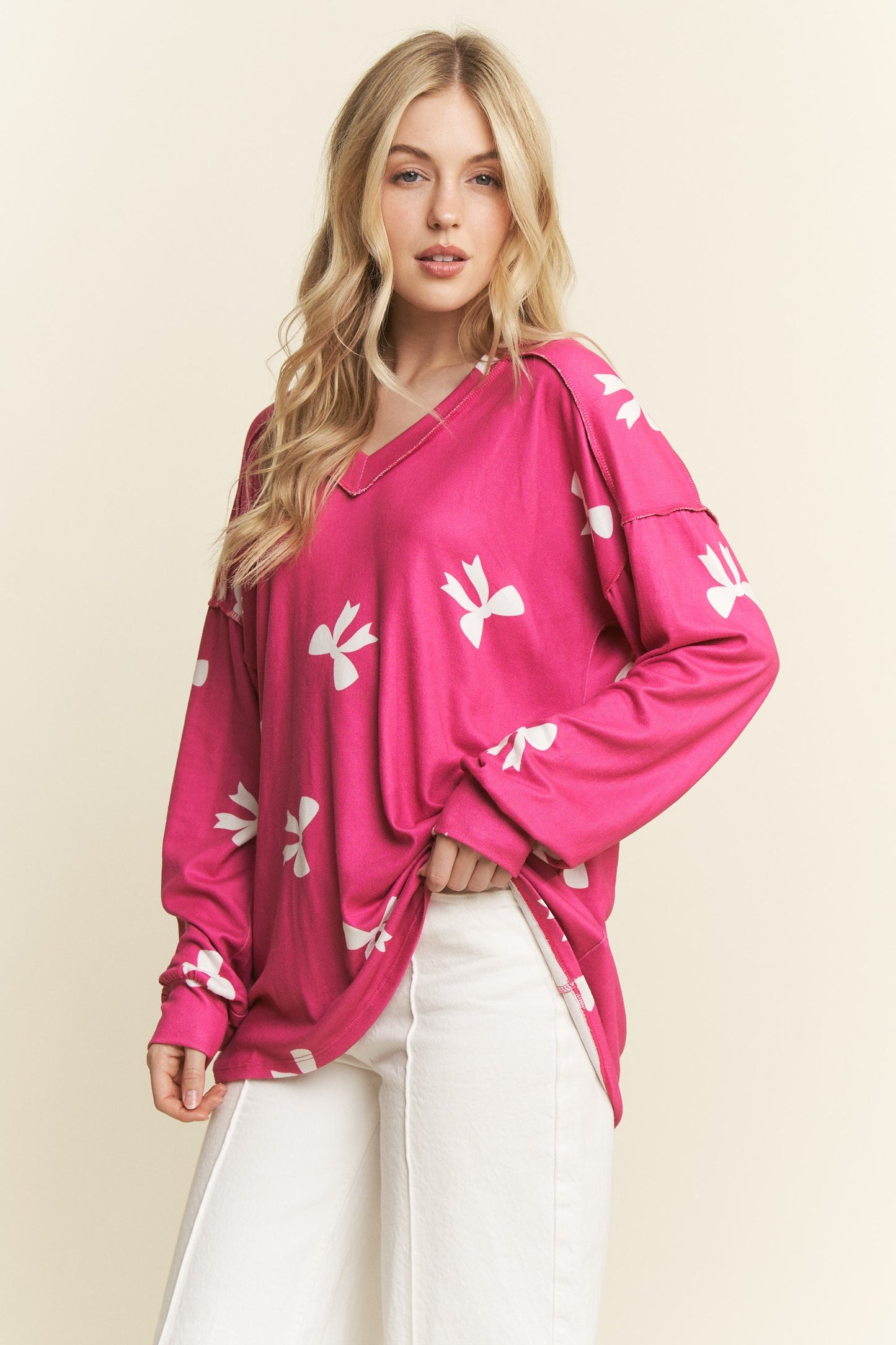 Long Sleeve Ribbon Print Top