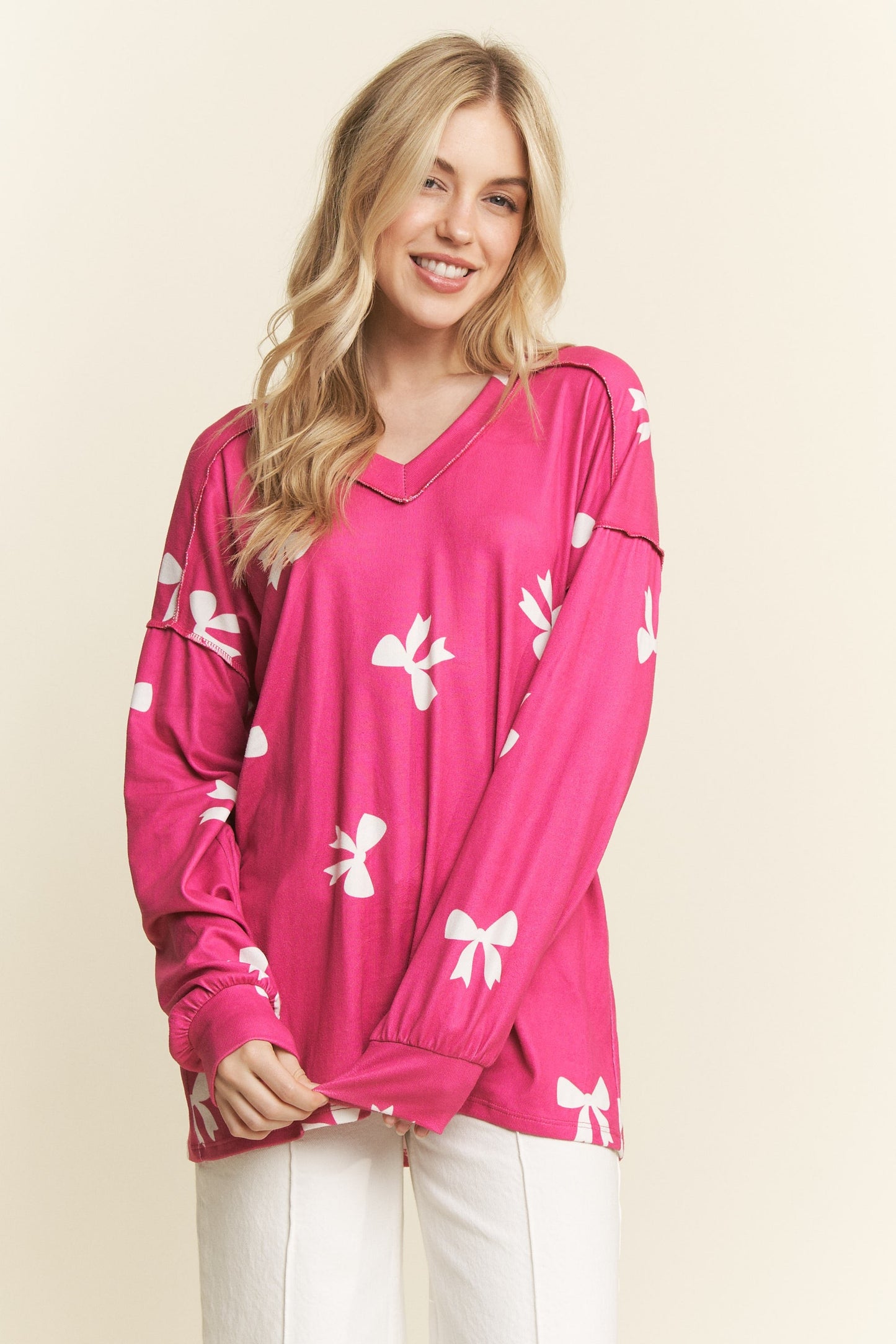 Long Sleeve Ribbon Print Top