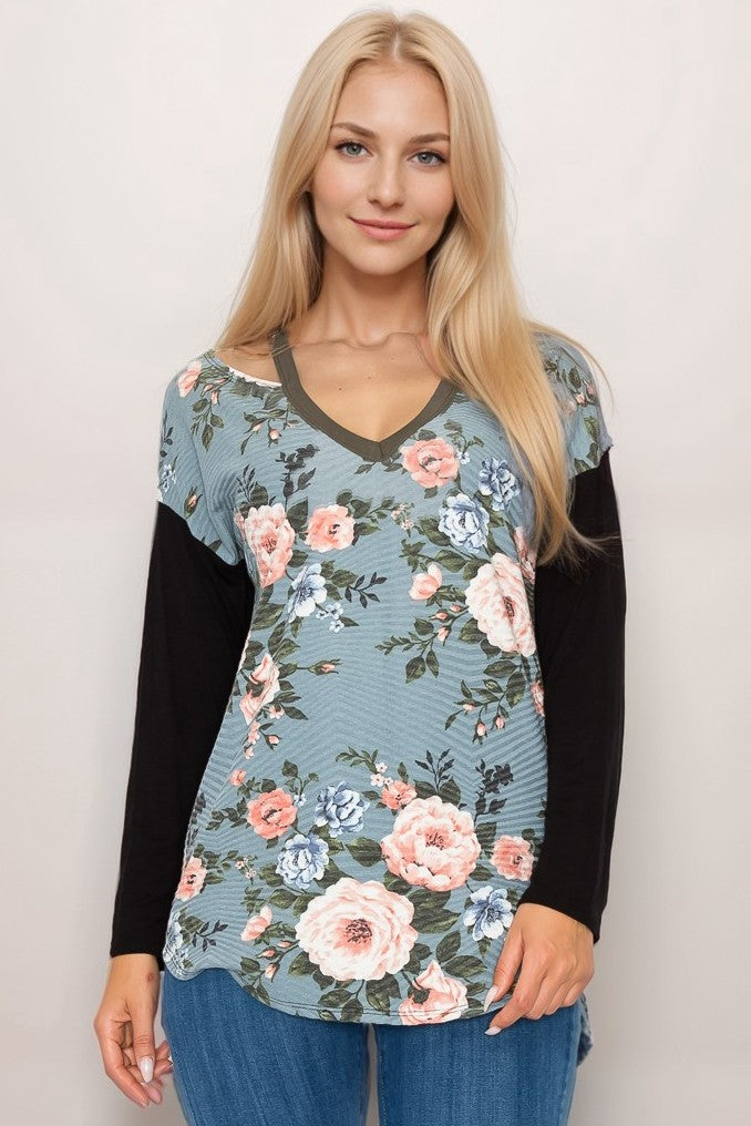 Slit Shoulder Detail Floral Solid Top