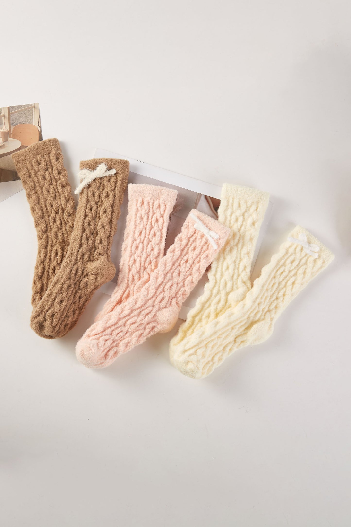 3pairs - Bow Warm Fuzzy Cable Knit Socks Gift Set