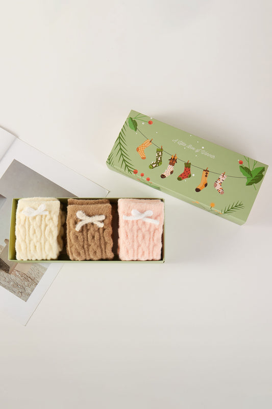 3pairs - Bow Warm Fuzzy Cable Knit Socks Gift Set