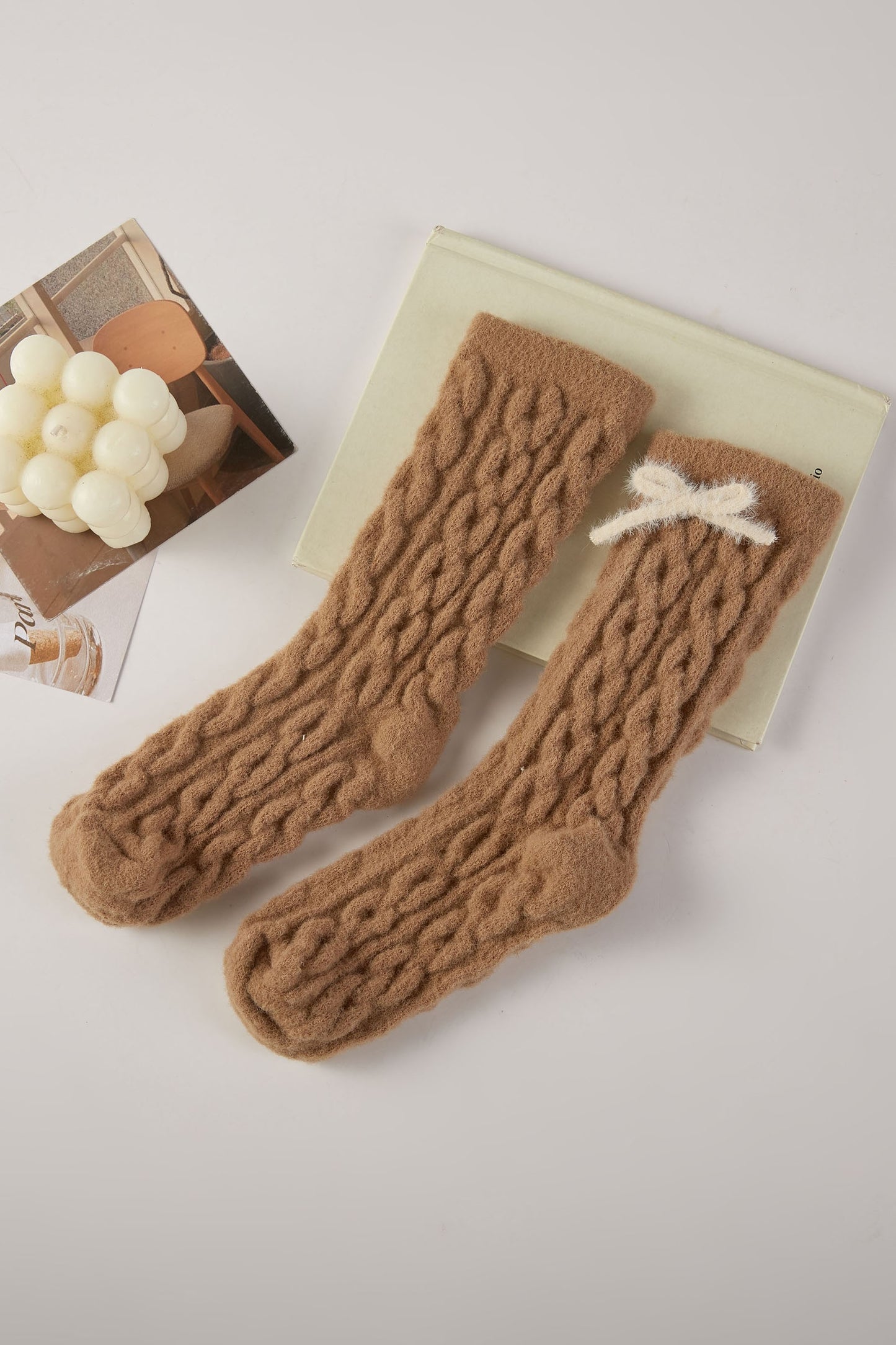 3pairs - Bow Warm Fuzzy Cable Knit Socks Gift Set