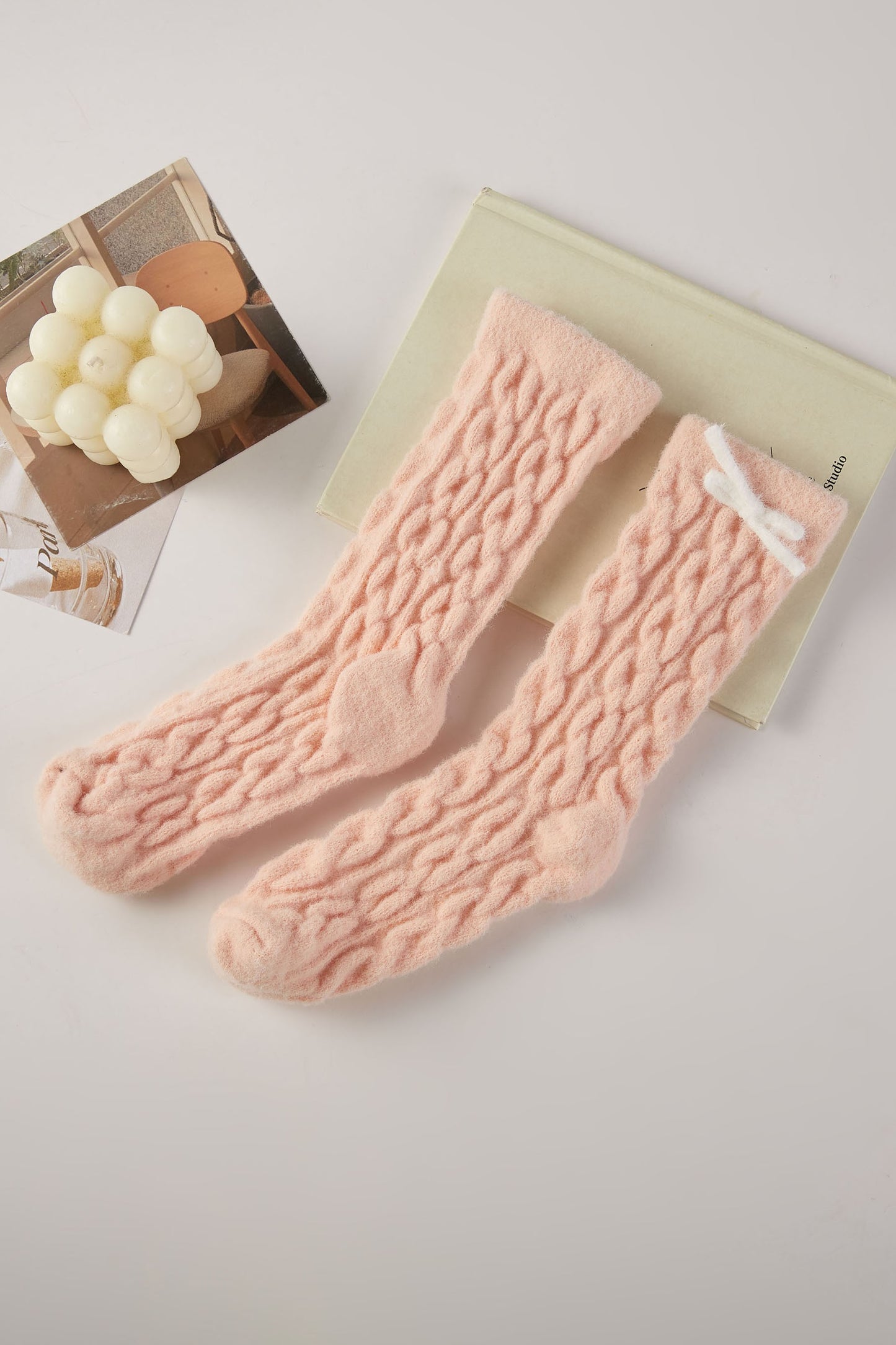 3pairs - Bow Warm Fuzzy Cable Knit Socks Gift Set