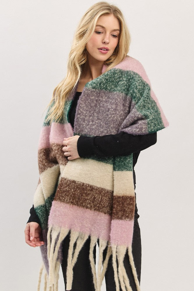 Oversized Striped Soft Brushed Knit Fringe Scarf