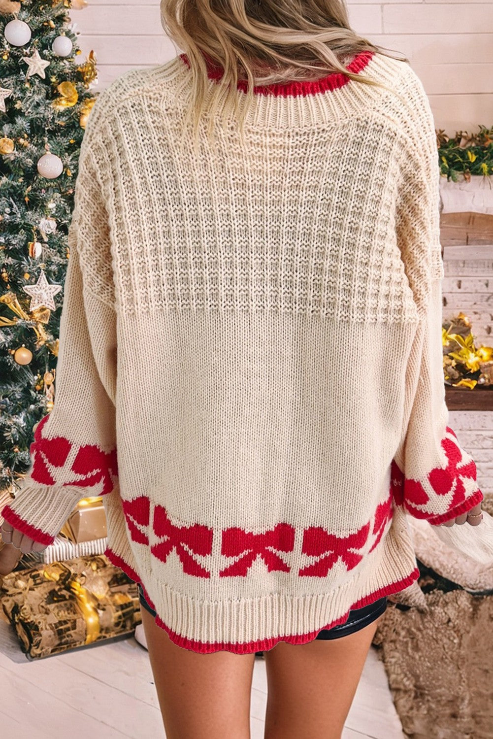 Bow Pattern Textured Open Front Baggy Cardigan