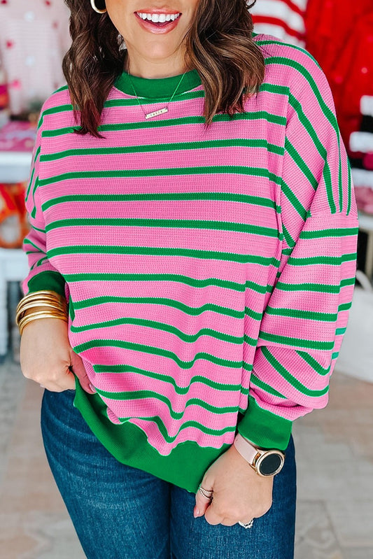 Stripe Waffle Knit Crew Neck Sweatshirt