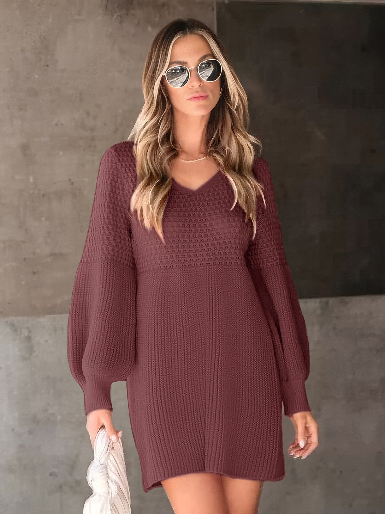 Women Casual V Neck Knit Mini Fall Sweater Dresses