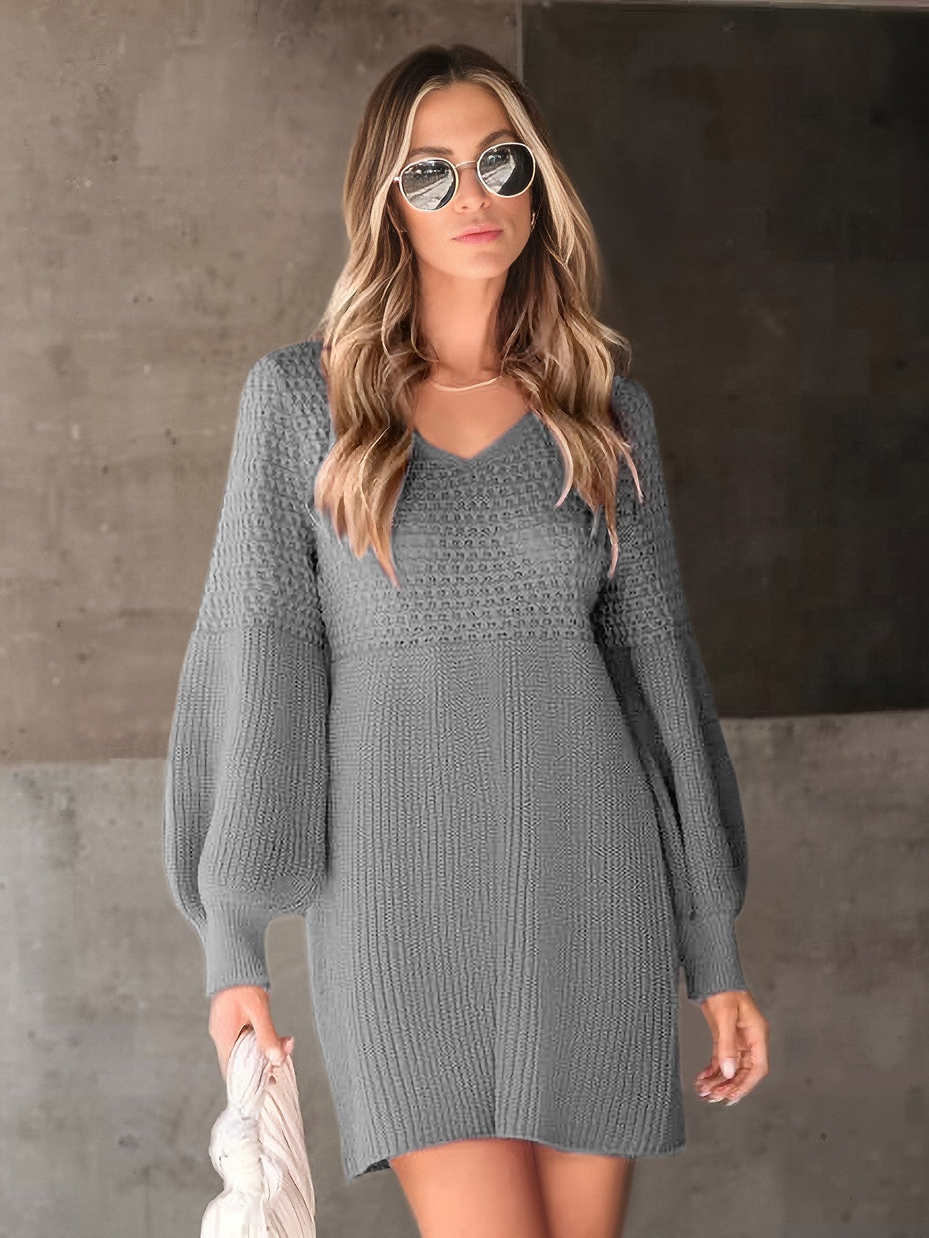 Women Casual V Neck Knit Mini Fall Sweater Dresses