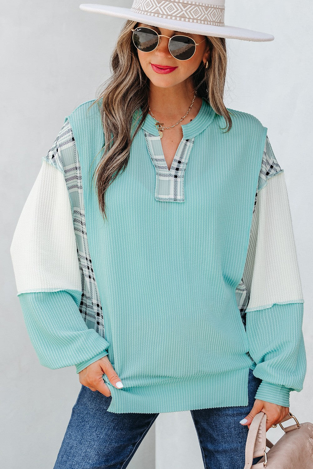Colorblock Patchwork Split Neck Long Sleeve Top