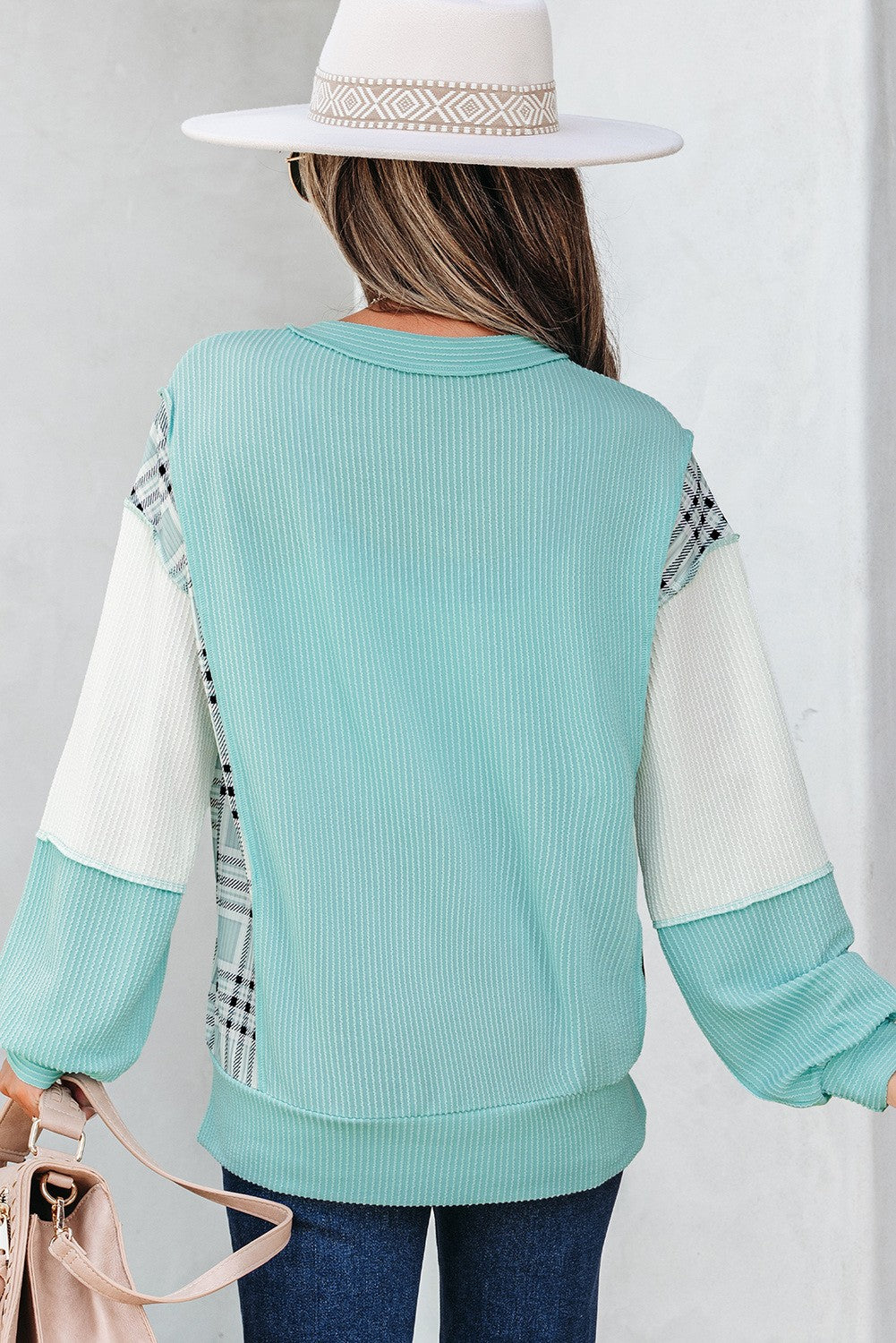 Colorblock Patchwork Split Neck Long Sleeve Top