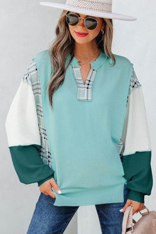Colorblock Patchwork Split Neck Long Sleeve Top