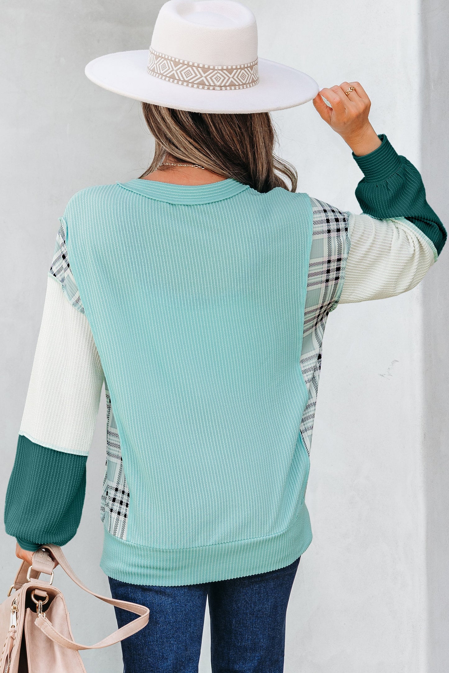 Colorblock Patchwork Split Neck Long Sleeve Top