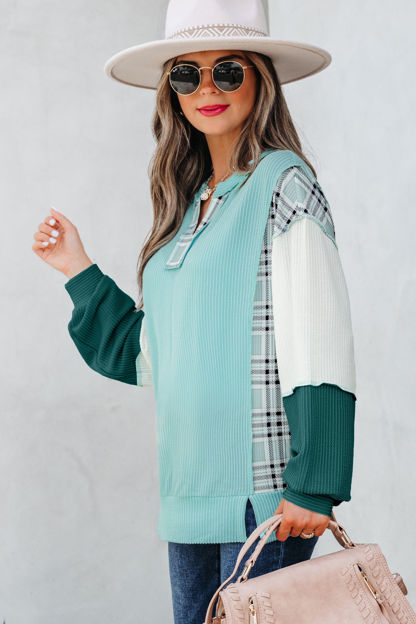 Colorblock Patchwork Split Neck Long Sleeve Top