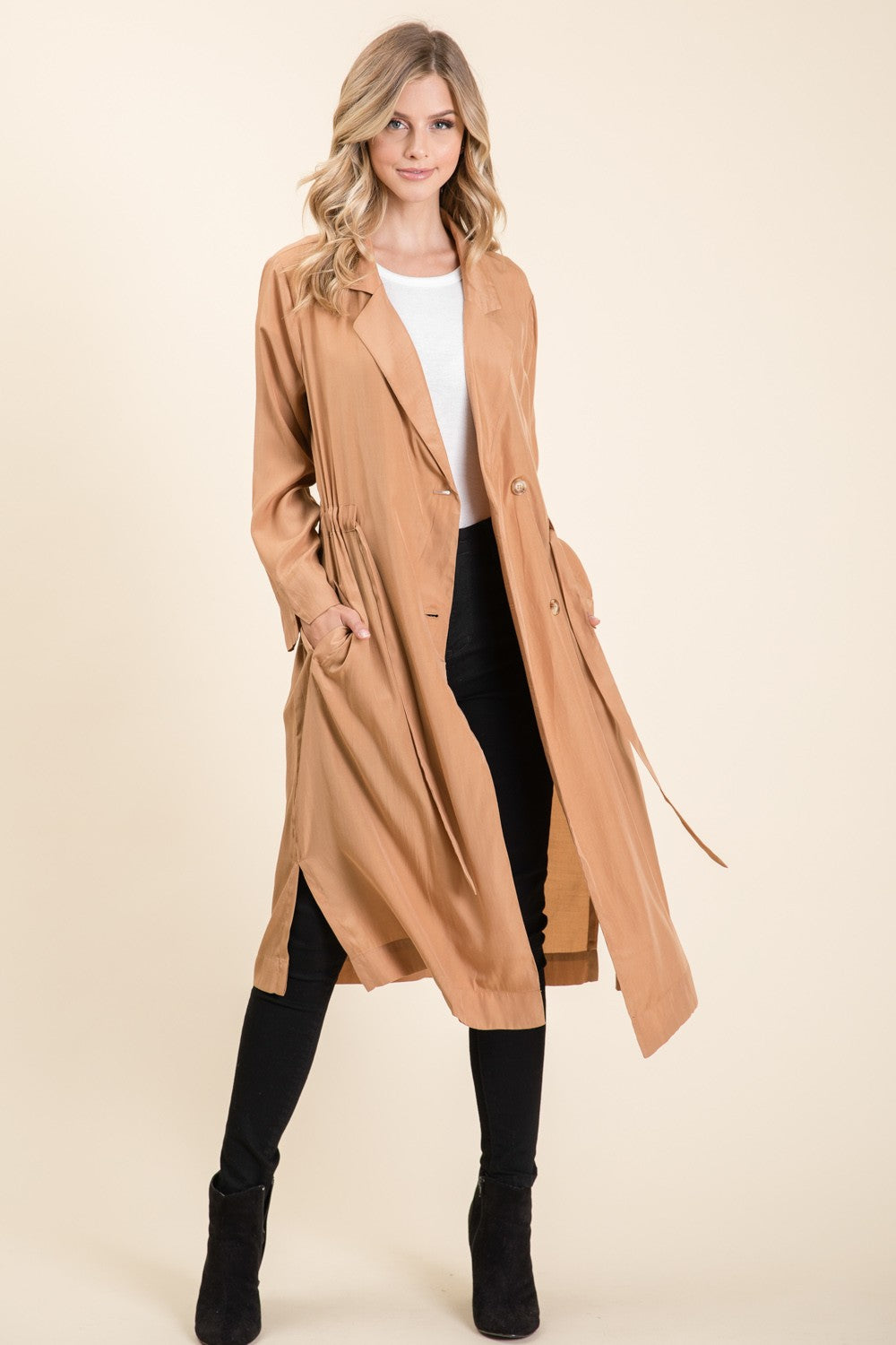 Tan Tie Waist Trench Duster