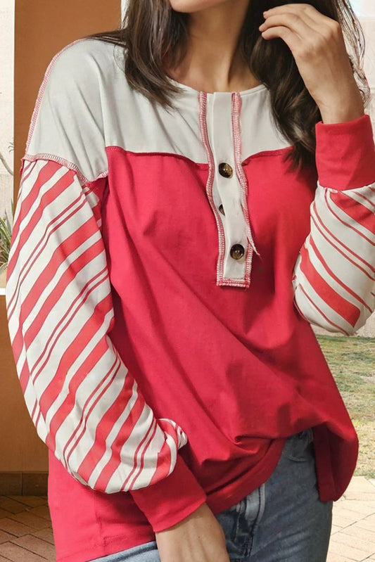 Striped Sleeve Button Down Contrast Top