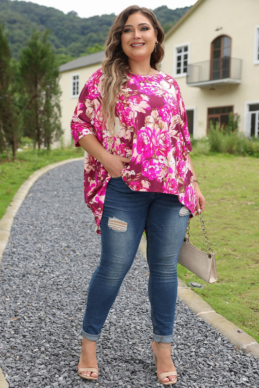 Red Floral Print Short Sleeve Blouse