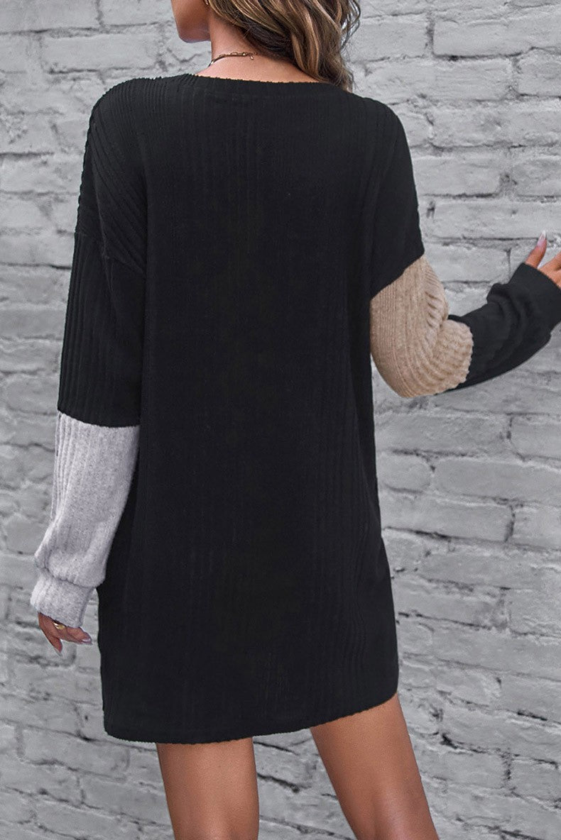 Ribbed Color Block Drop Shoulder Long Sleeve Dress
