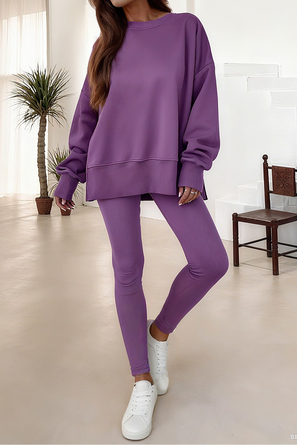 Oversize Slit Sweatshirt Ribbed Leggings 2pcs Set