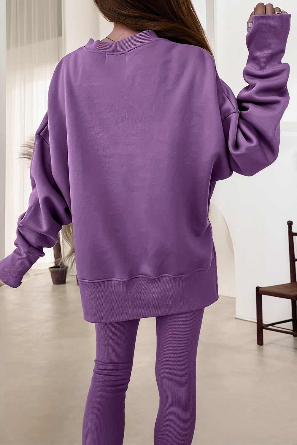Oversize Slit Sweatshirt Ribbed Leggings 2pcs Set