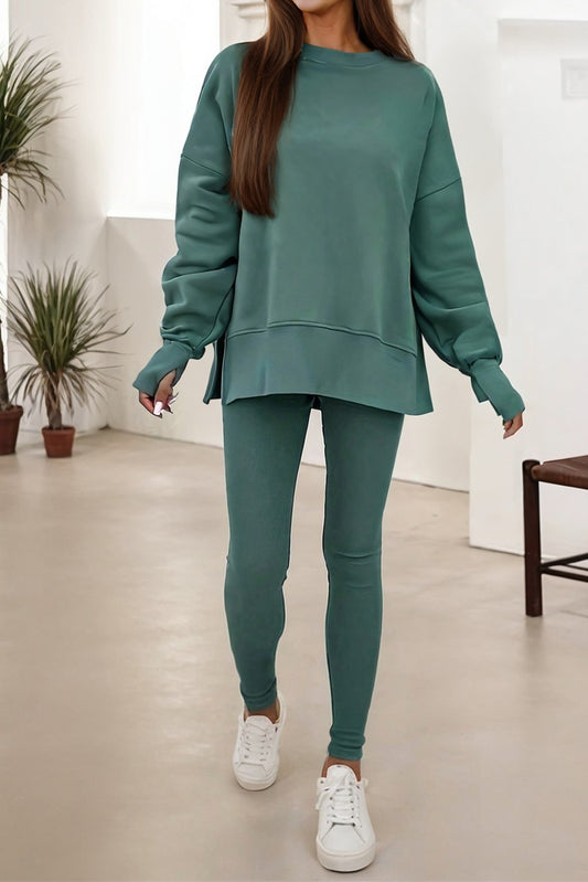 Oversize Slit Sweatshirt Ribbed Leggings 2pcs Set