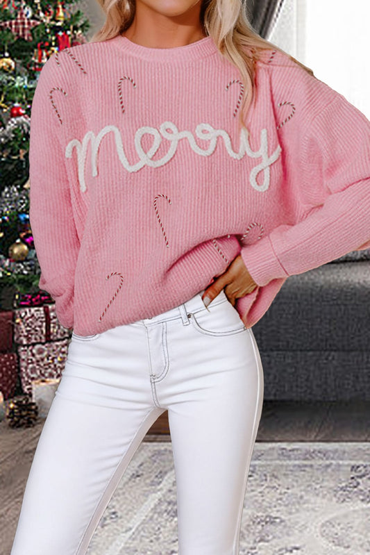 Pink Merry Candy Cane Puffy Knit Crew Neck Sweater