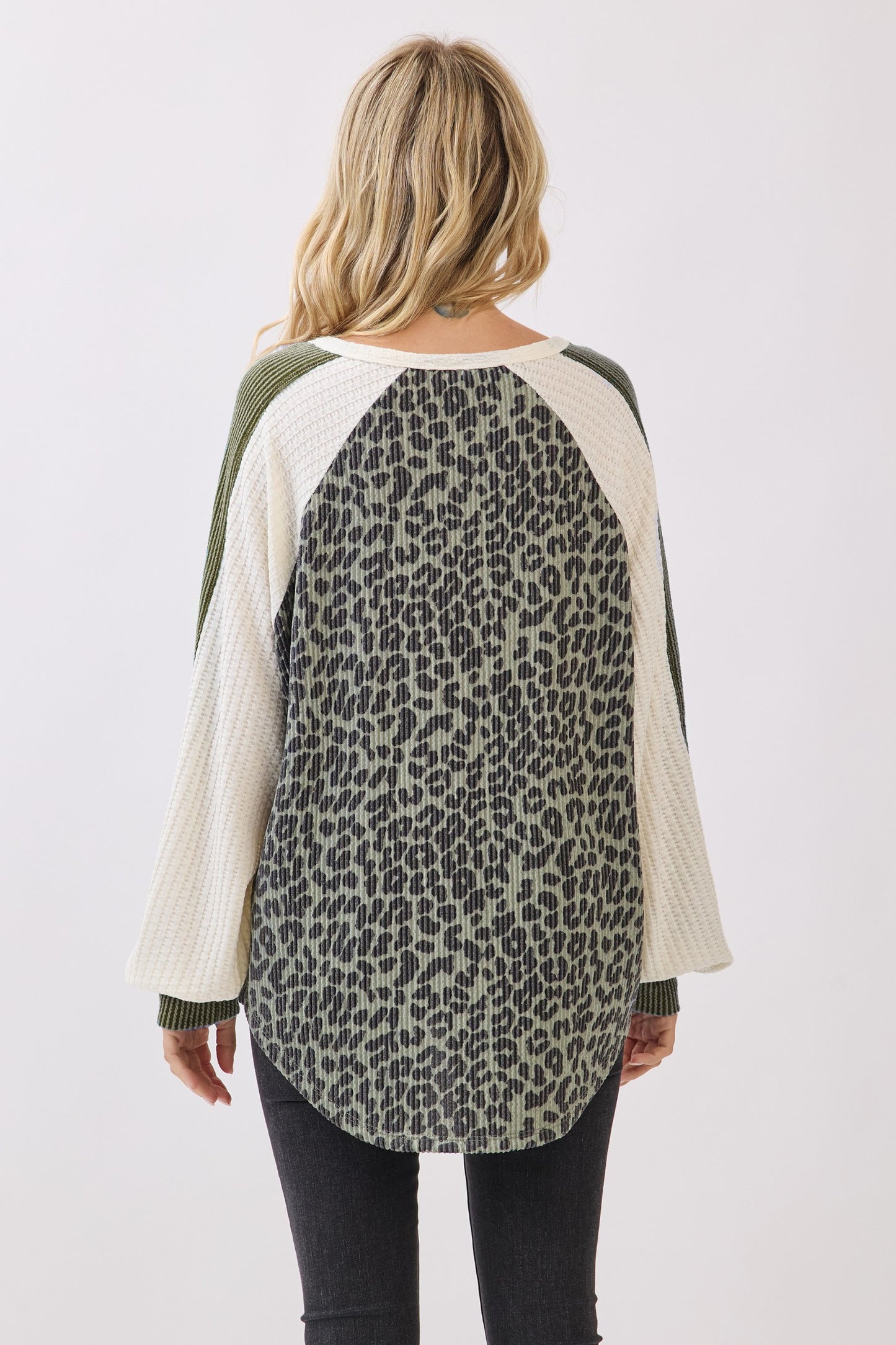 Leopard Print Colorblock Button Front Pullover Top