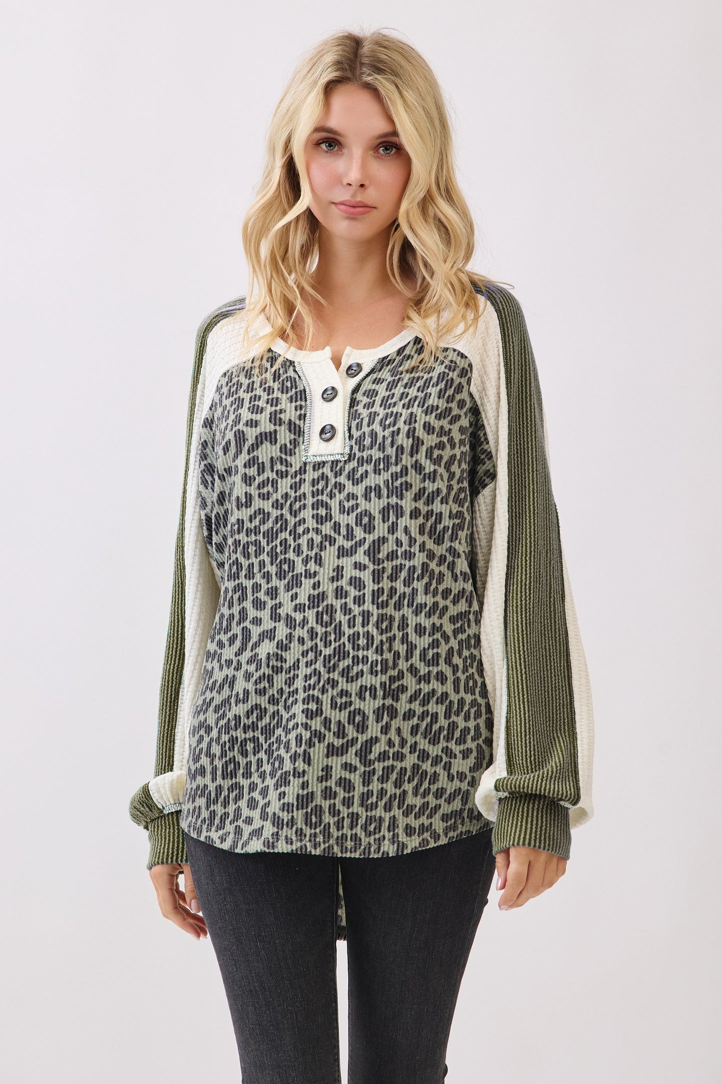 Leopard Print Colorblock Button Front Pullover Top