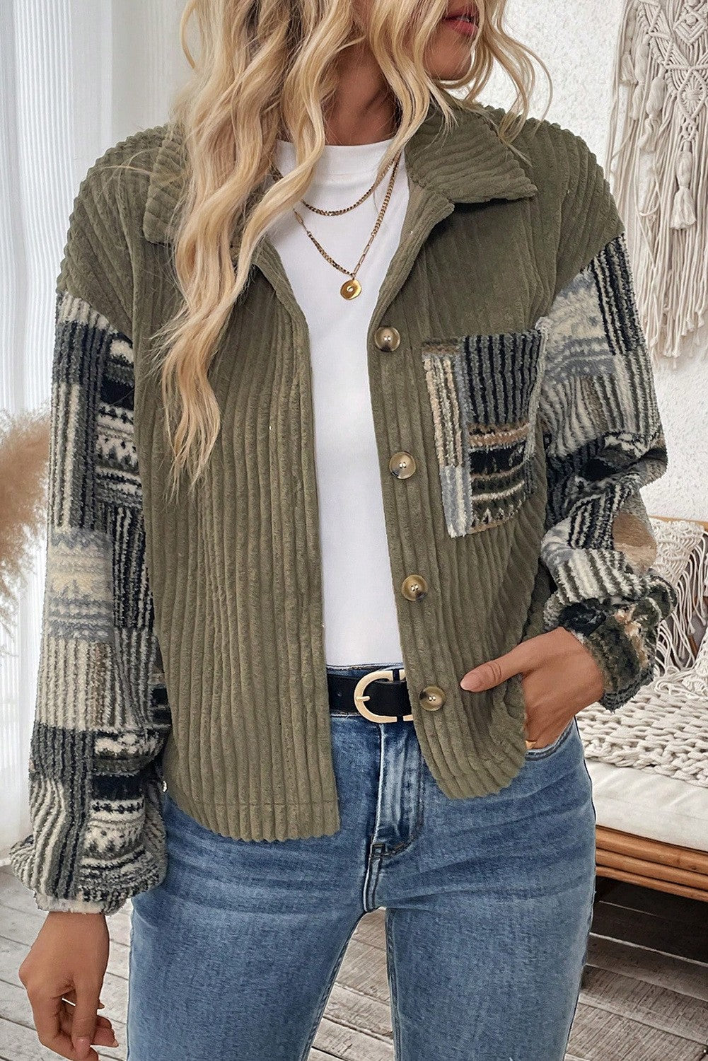 Fleece Plaid Print Patchwork Button Up Jacket