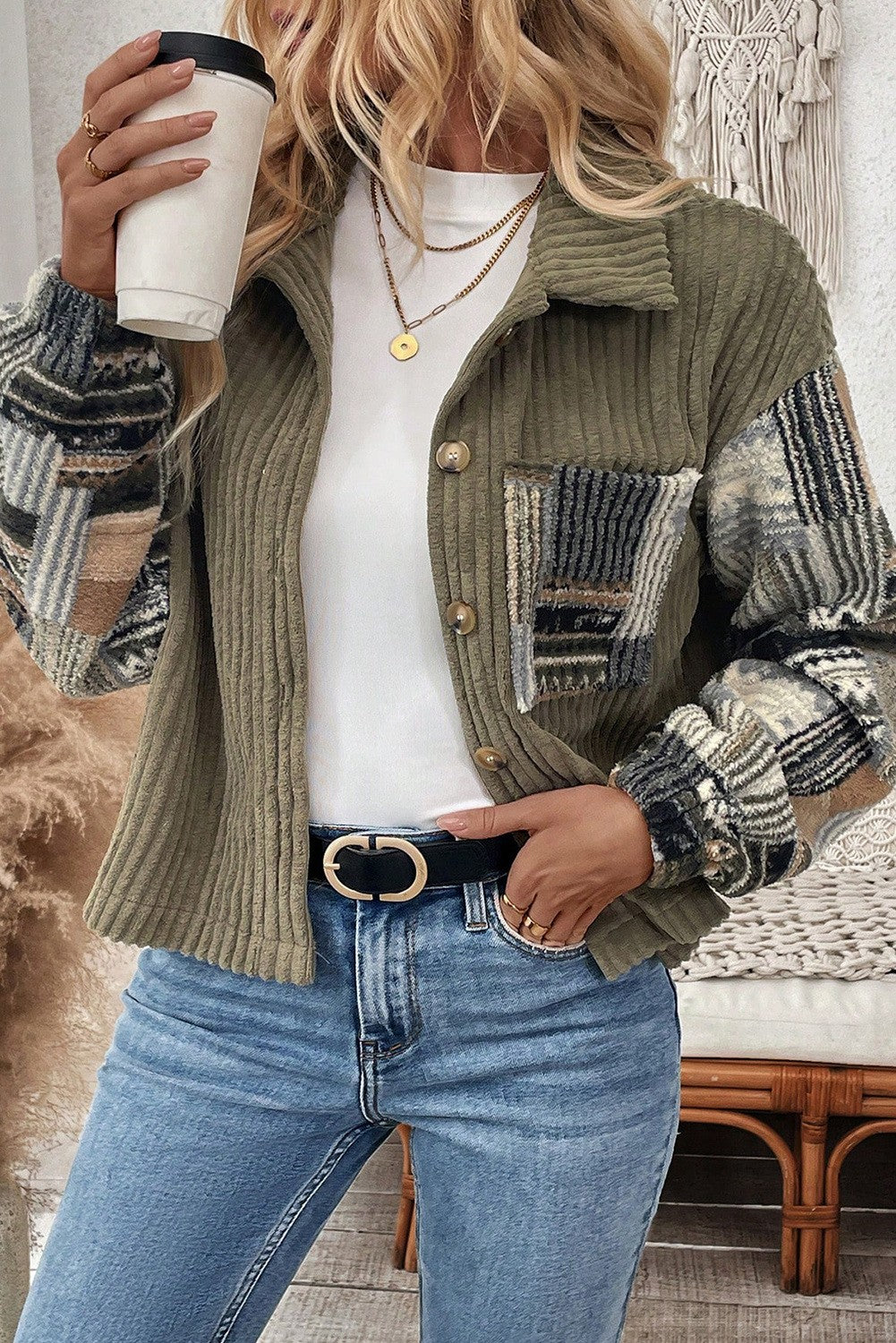 Fleece Plaid Print Patchwork Button Up Jacket