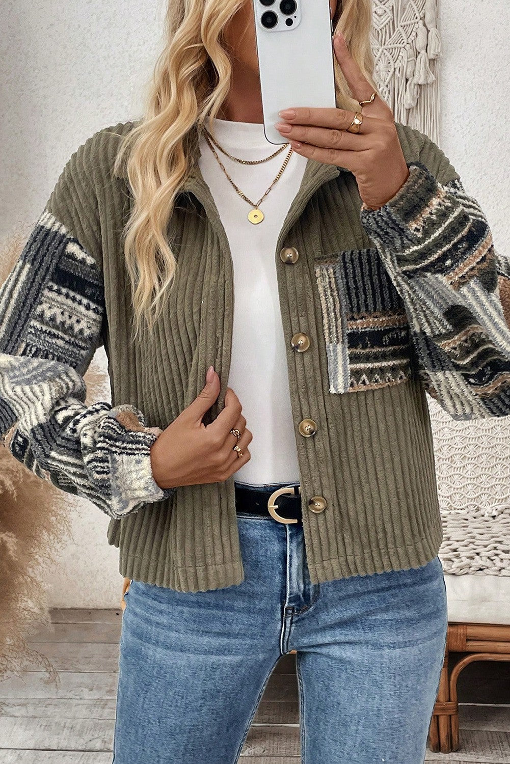Fleece Plaid Print Patchwork Button Up Jacket