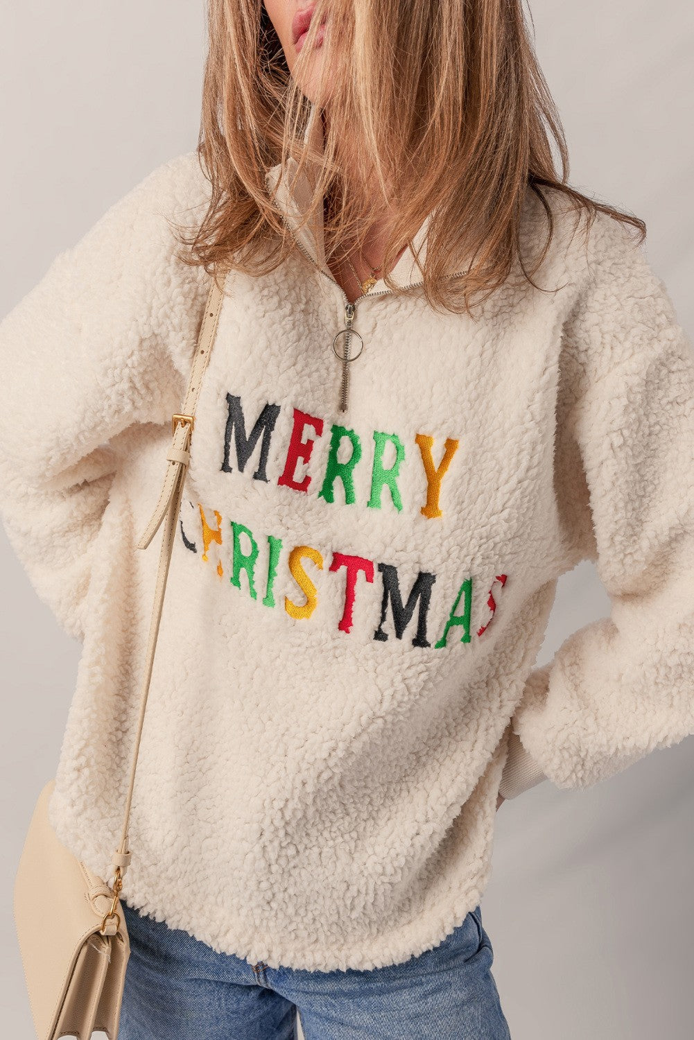 Letter Embroidery Quarter Zip Sherpa Sweatshirt