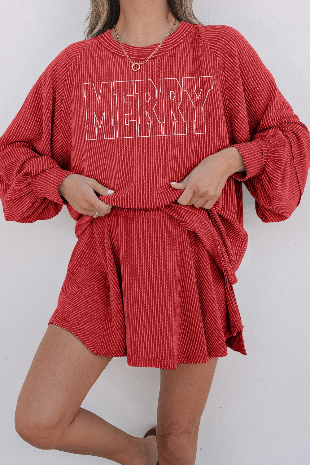 Twisted Ribbed Merry Embroidered Mini Skirt Set