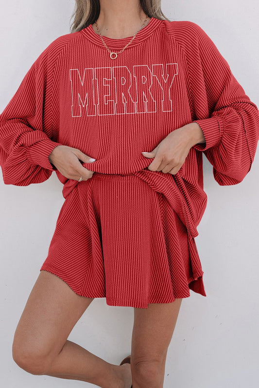 Twisted Ribbed Merry Embroidered Mini Skirt Set