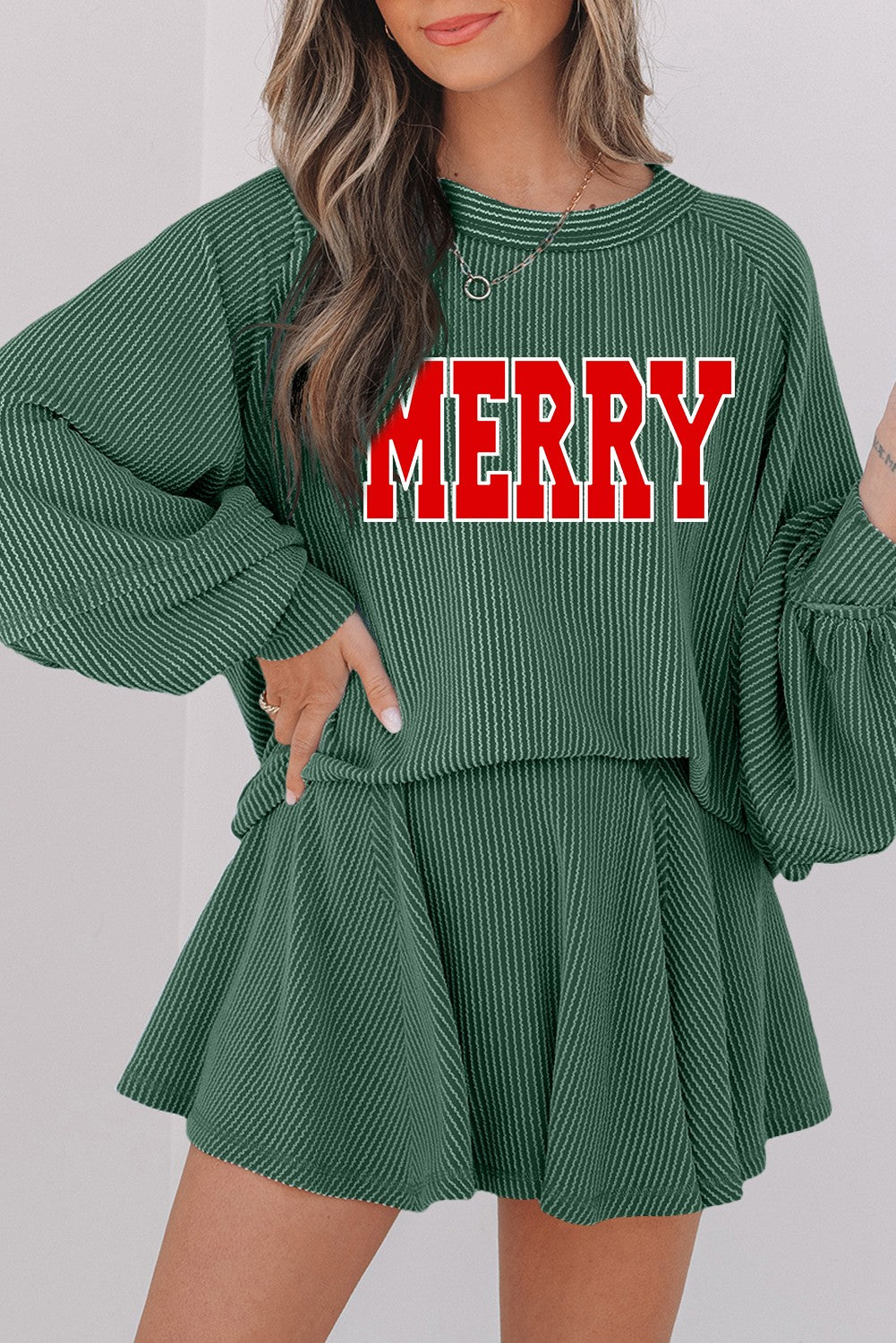 Twisted Ribbed Merry Embroidered Mini Skirt Set